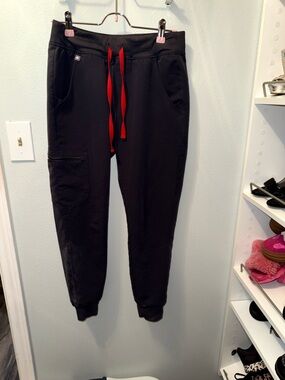 Figs Dark Gray Jogger Scrub bottoms with Red Drawstring